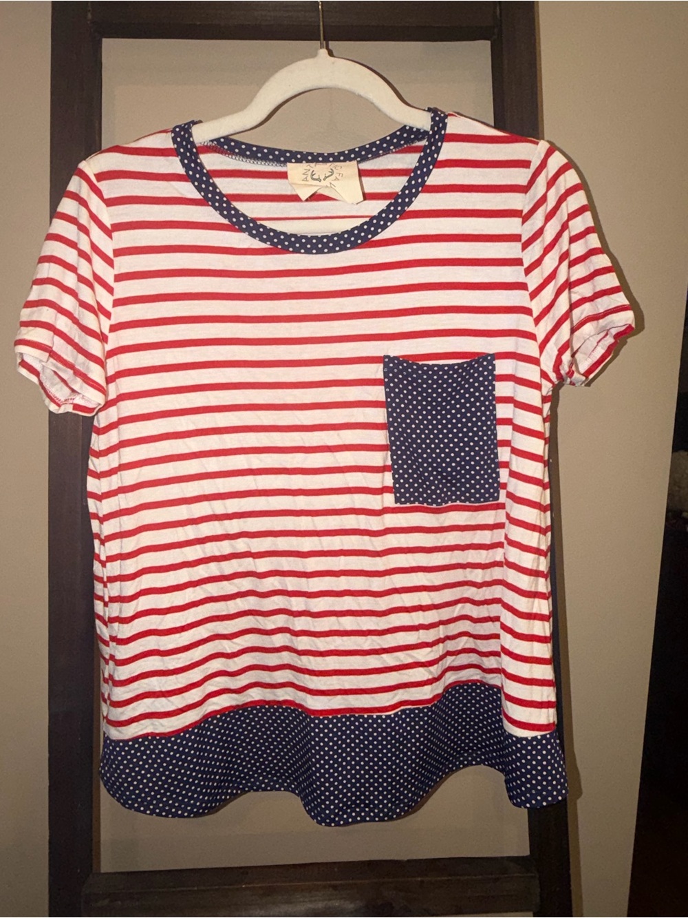 Fantastic Fawn Red & White Striped Short Sleeve Tee with Navy Polka Dot Trim